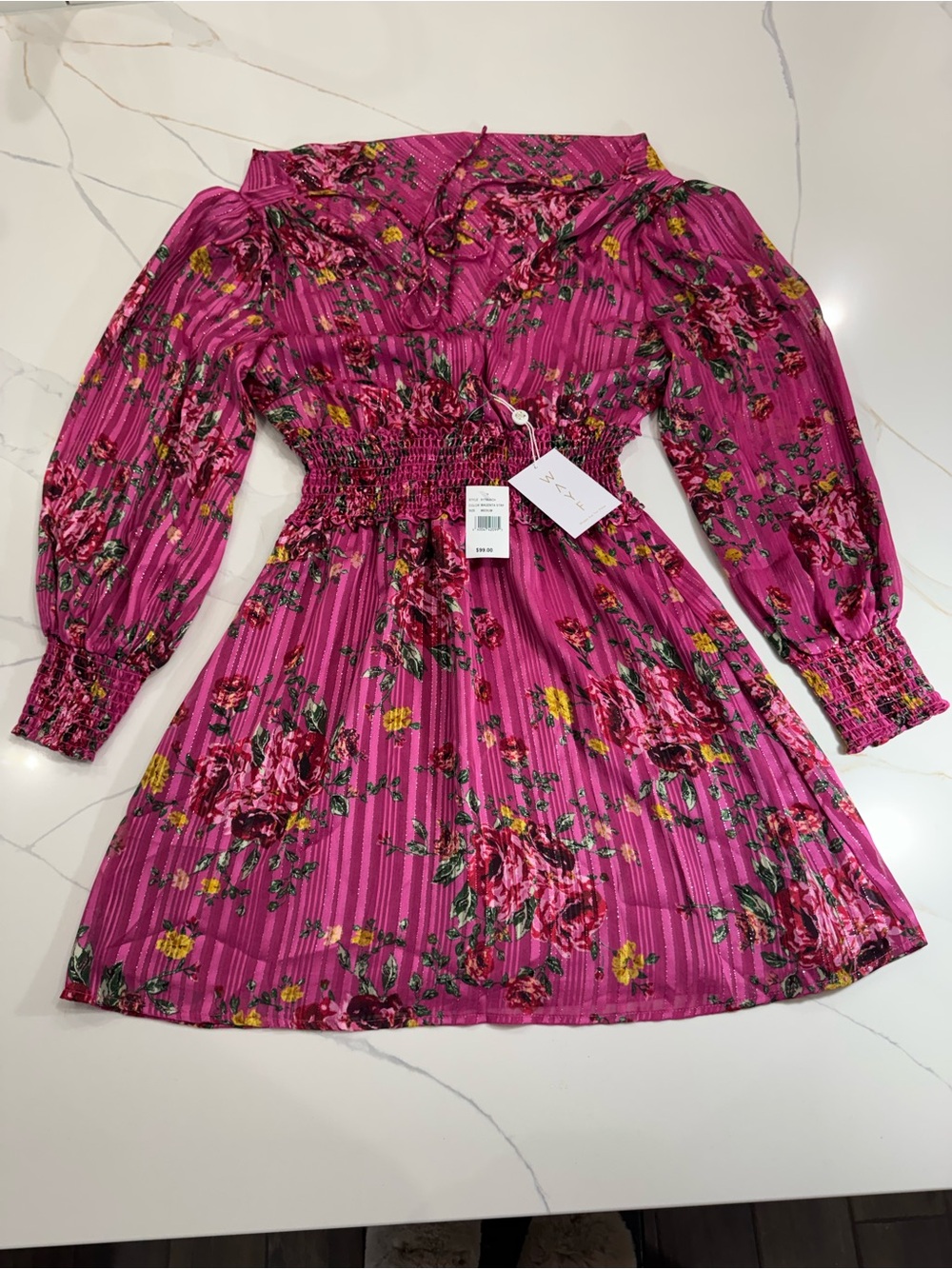 WAYF Fuchsia Floral Long-Sleeve Smocked Mini Dress Medium NWT